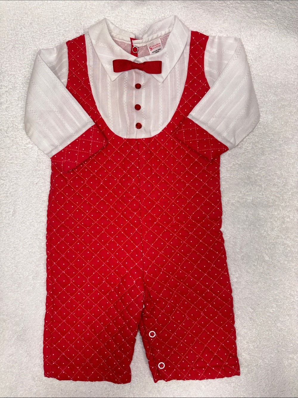 Vintage sears quilted red polka dot bow tie romper 6/9m